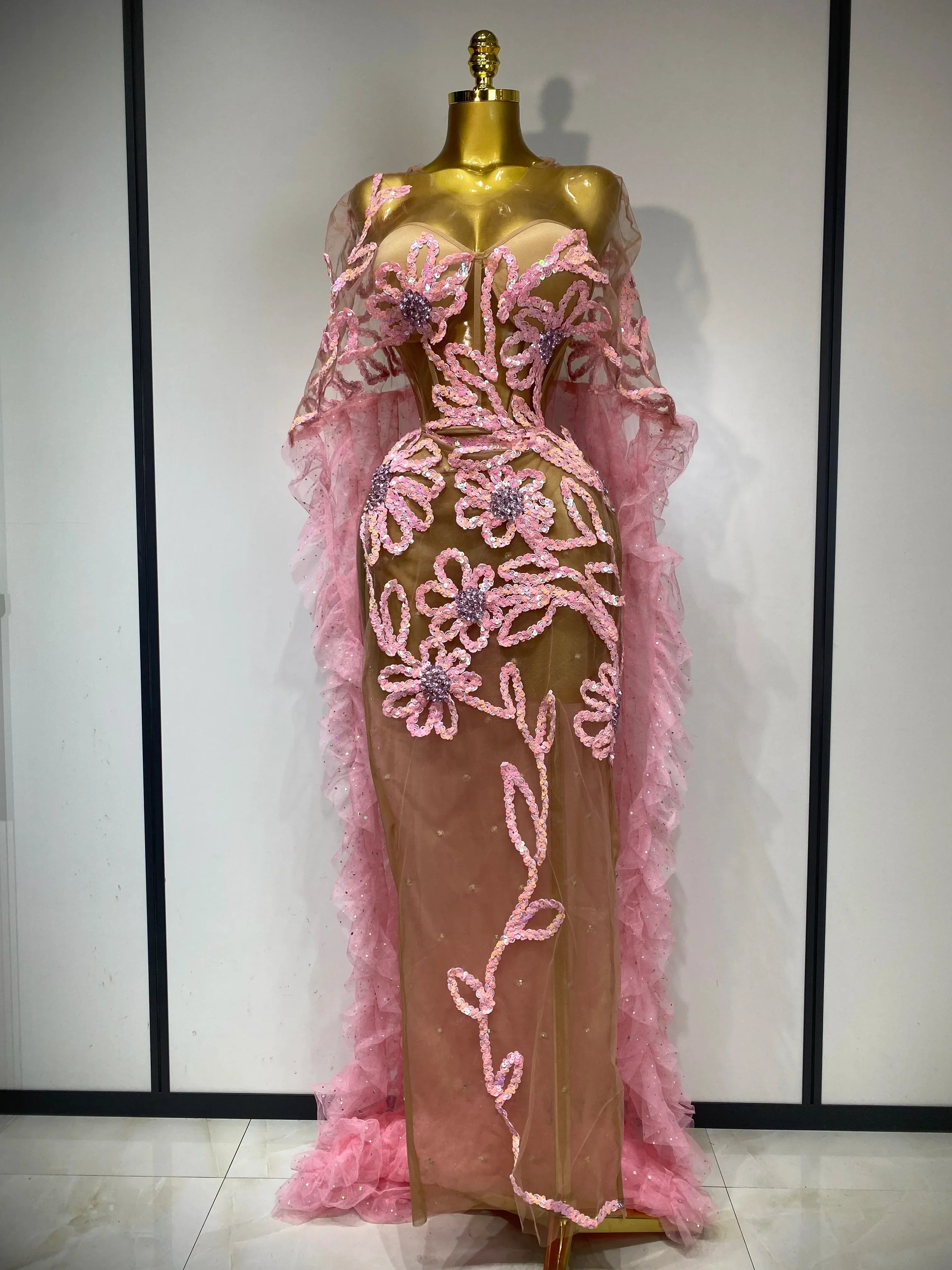 Sparkly Mesh See Through Maxi Dress In Pink Avalabel