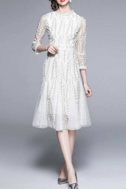 Josephine Lace Embroidered Mesh Midi Dress in White 2026