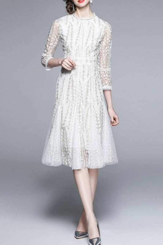 Josephine Lace Embroidered Mesh Midi Dress in White 2026