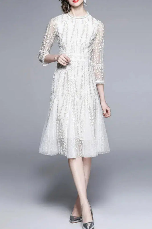 Josephine Lace Embroidered Mesh Midi Dress in White 2026 Avalabel