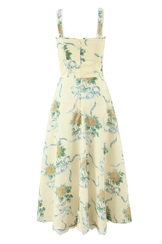Daphne Floral Print Sweetheart Midi Dress in Yellow Avalabel