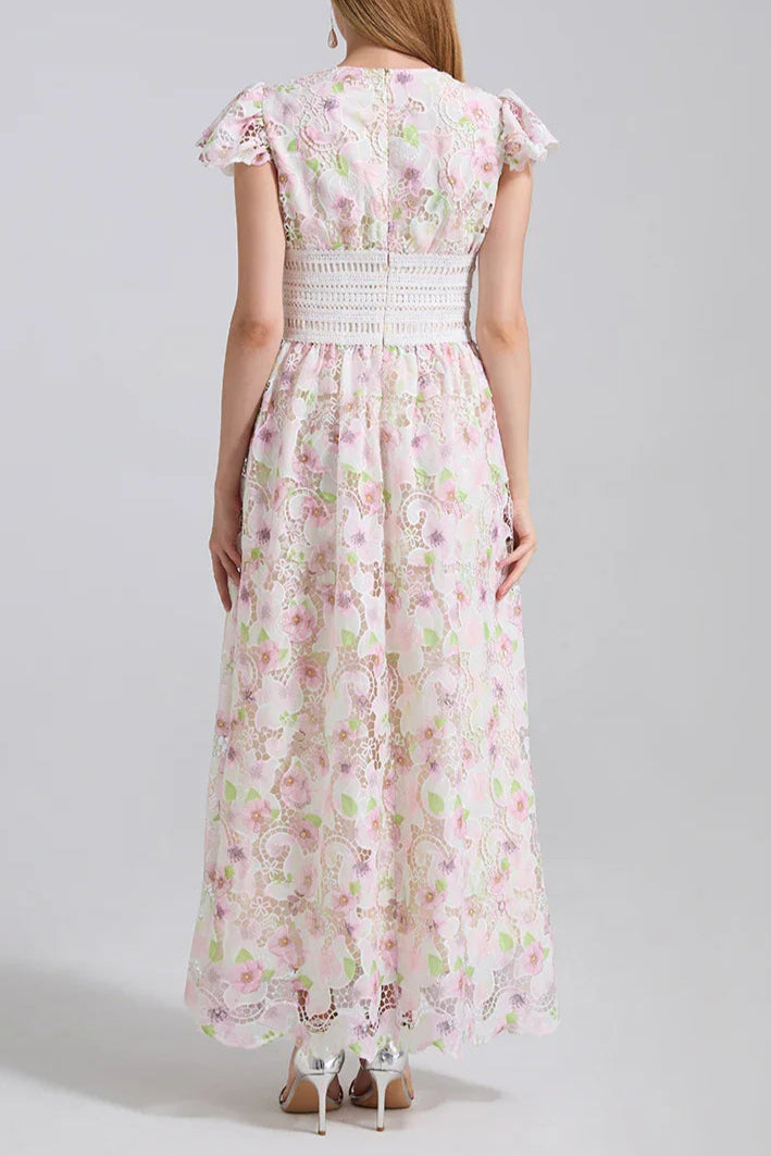 FLYING SLEEVES HIGH WAIST SLIM FIT FLORAL LACE DRESS Avalabel