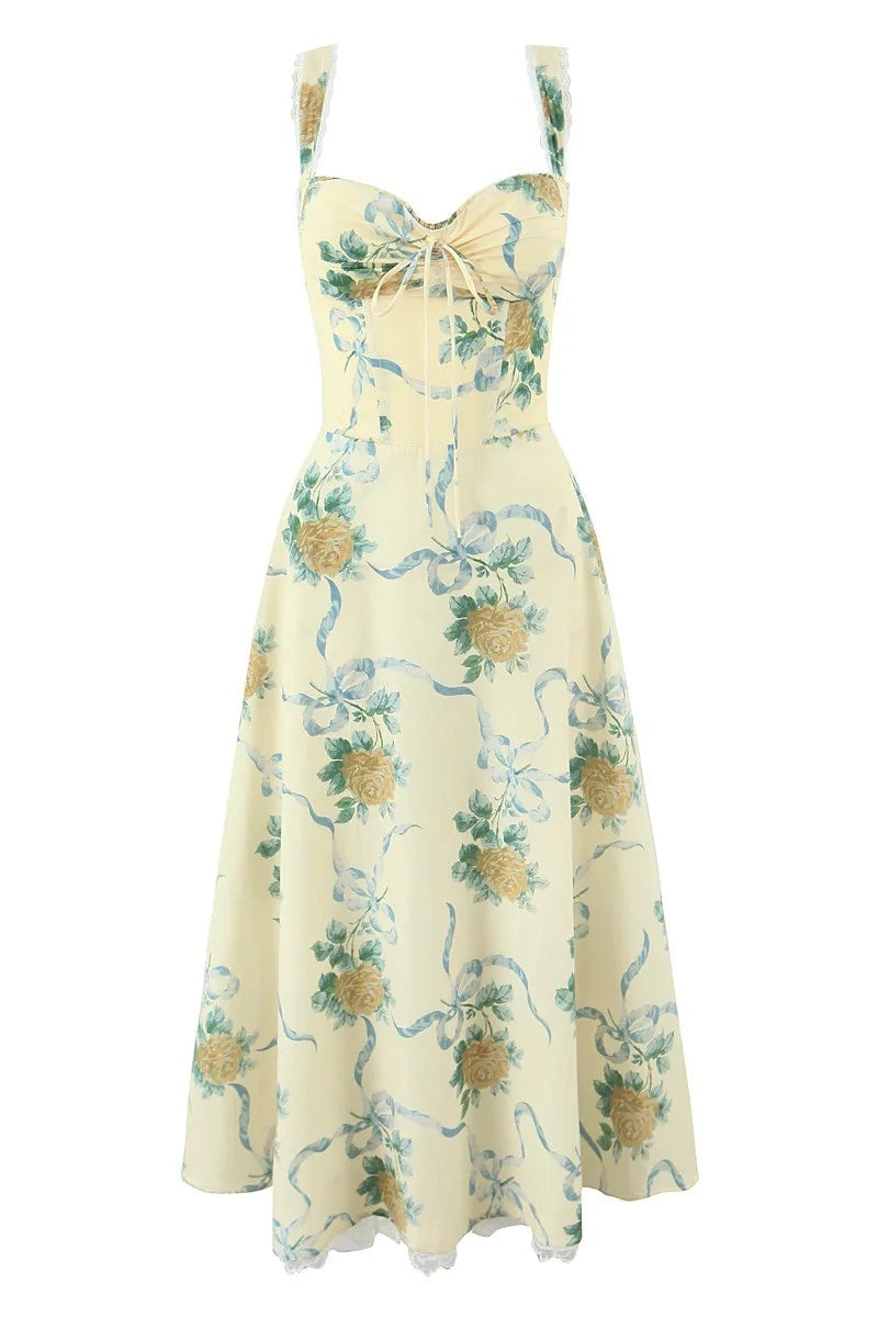 Daphne Floral Print Sweetheart Midi Dress in Yellow Avalabel