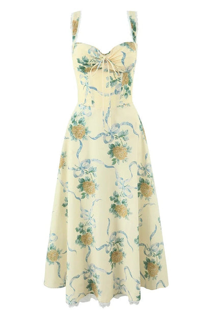 Daphne Floral Print Sweetheart Midi Dress in Yellow Avalabel