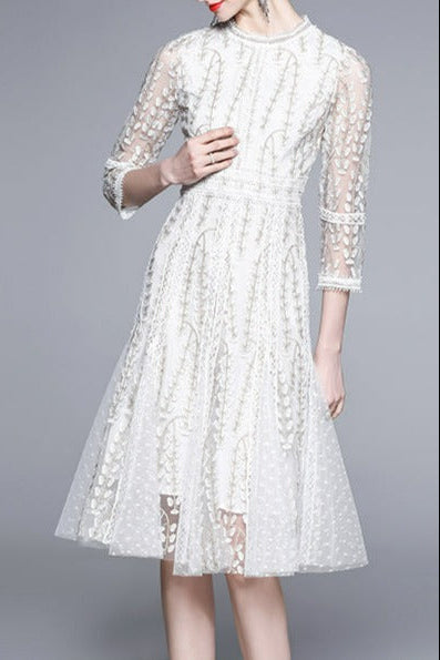 Josephine Lace Embroidered Mesh Midi Dress in White 2026