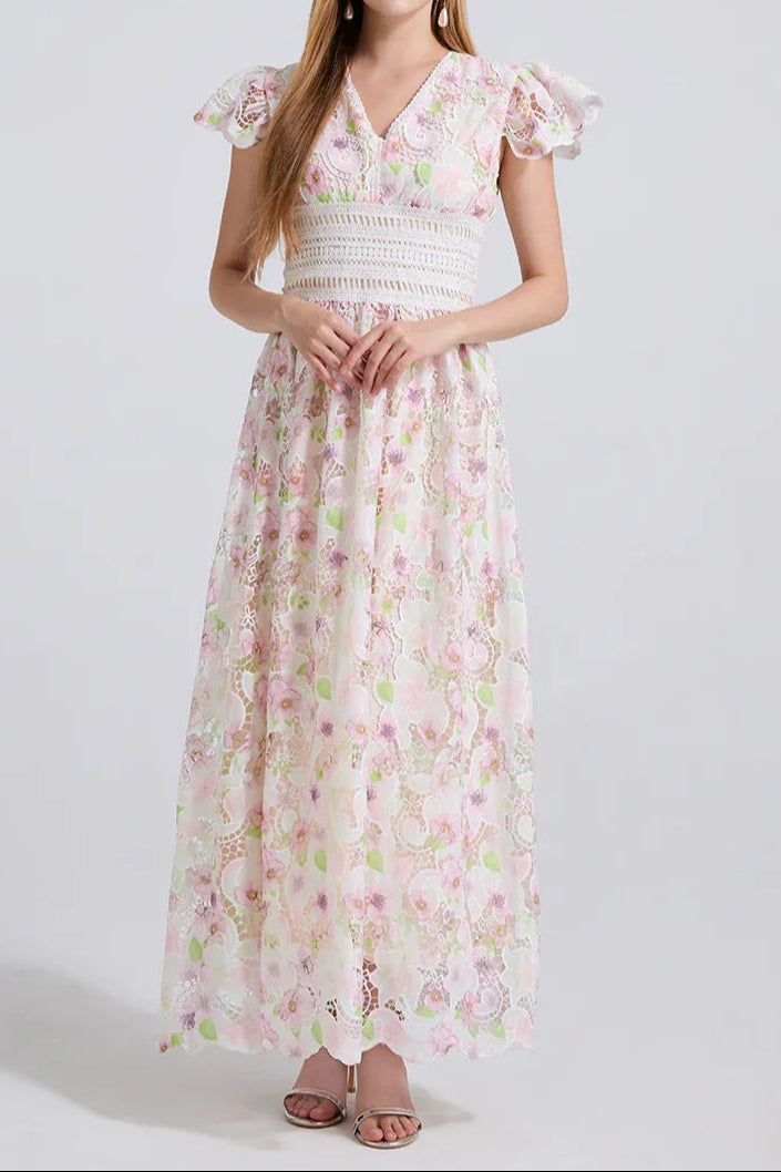 FLYING SLEEVES HIGH WAIST SLIM FIT FLORAL LACE DRESS Avalabel