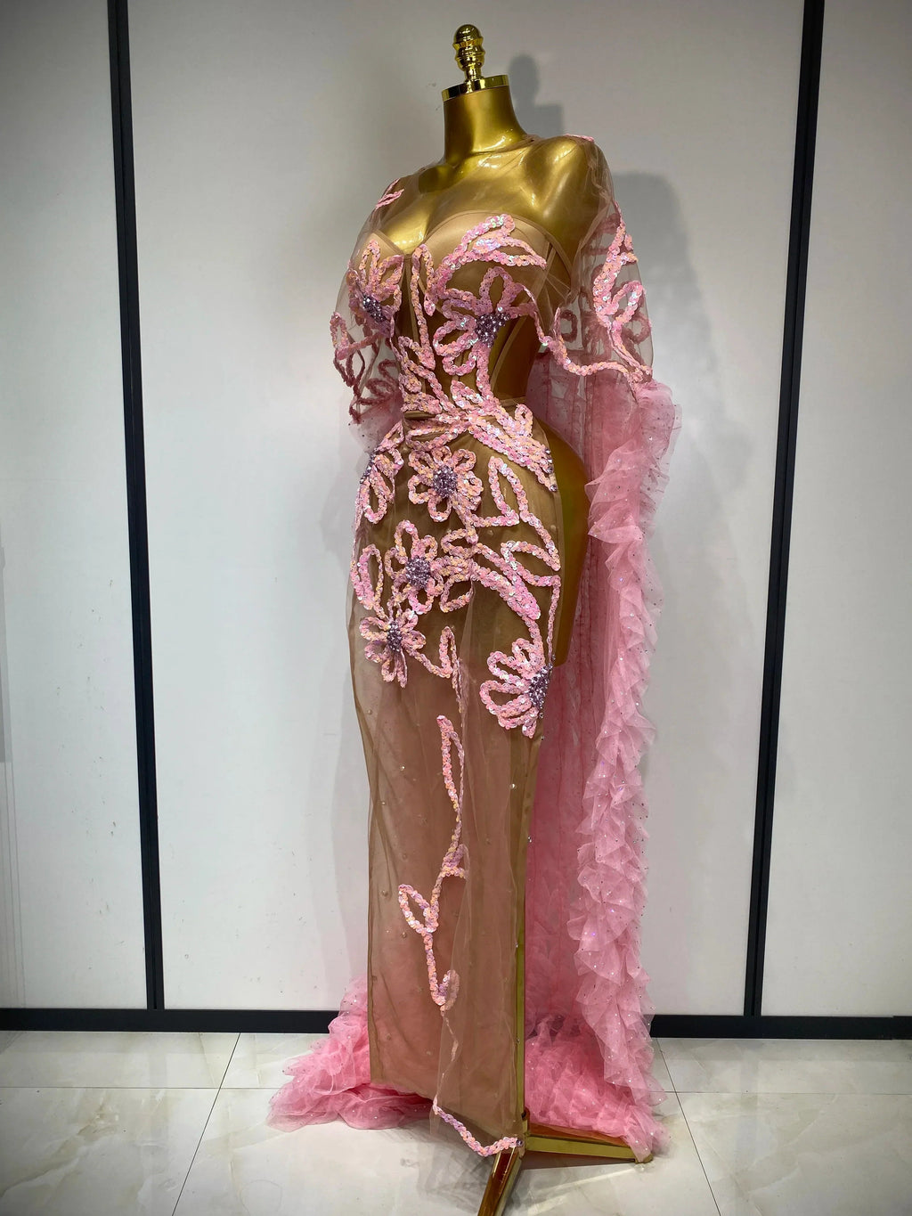 Sparkly Mesh See Through Maxi Dress In Pink Avalabel