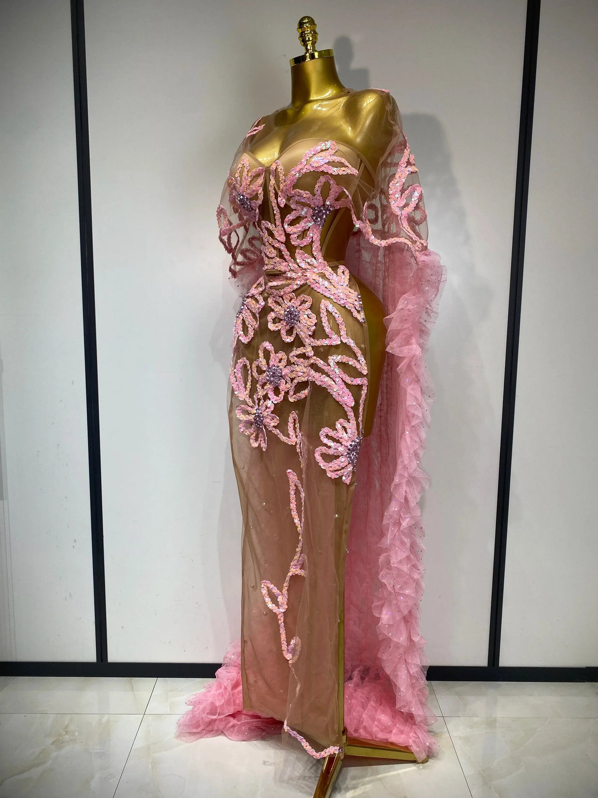 Sparkly Mesh See Through Maxi Dress In Pink Avalabel