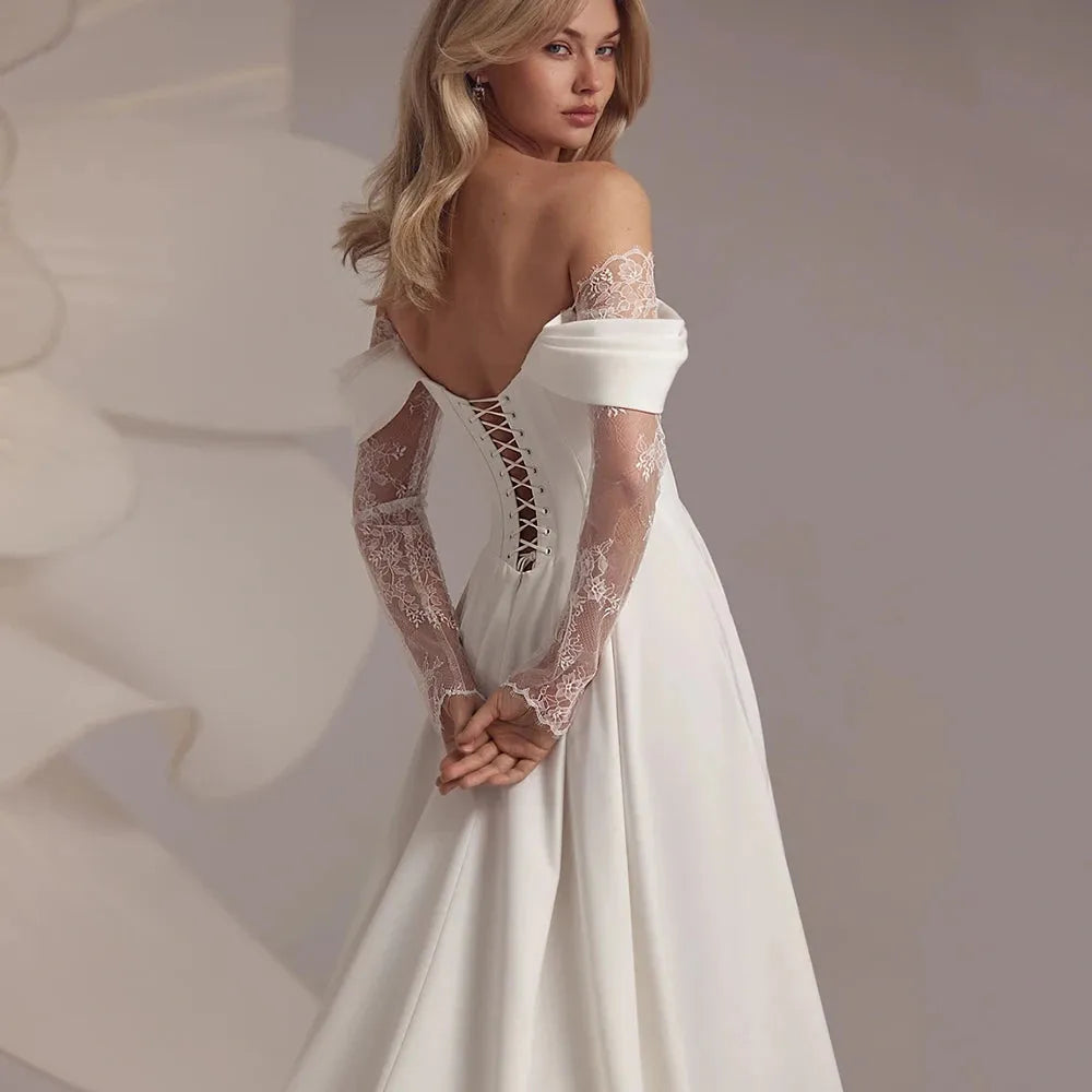 A Line Off Shoulder Split Satin Lace Appliques Bridal Gowns Avalabel