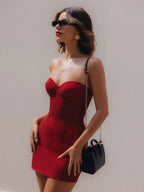 Corset Strapless Mini Dress with Lace-up Back in Red Avalabel
