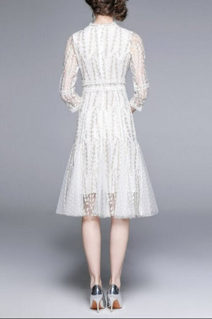 Josephine Lace Embroidered Mesh Midi Dress in White 2026