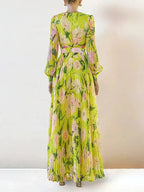 jennifer floral print pleated lantern sleeve maxi dress in yellow Avalabel