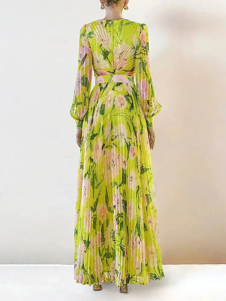 jennifer floral print pleated lantern sleeve maxi dress in yellow Avalabel