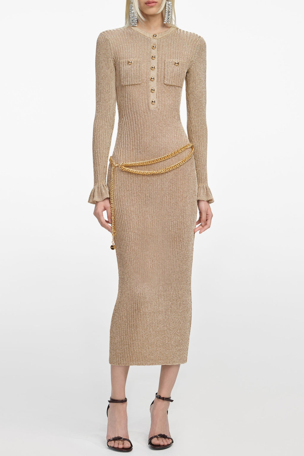 lauren Gold Lurex Ribbed Knit Midi Dress Avalabel