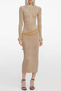 lauren Gold Lurex Ribbed Knit Midi Dress Avalabel