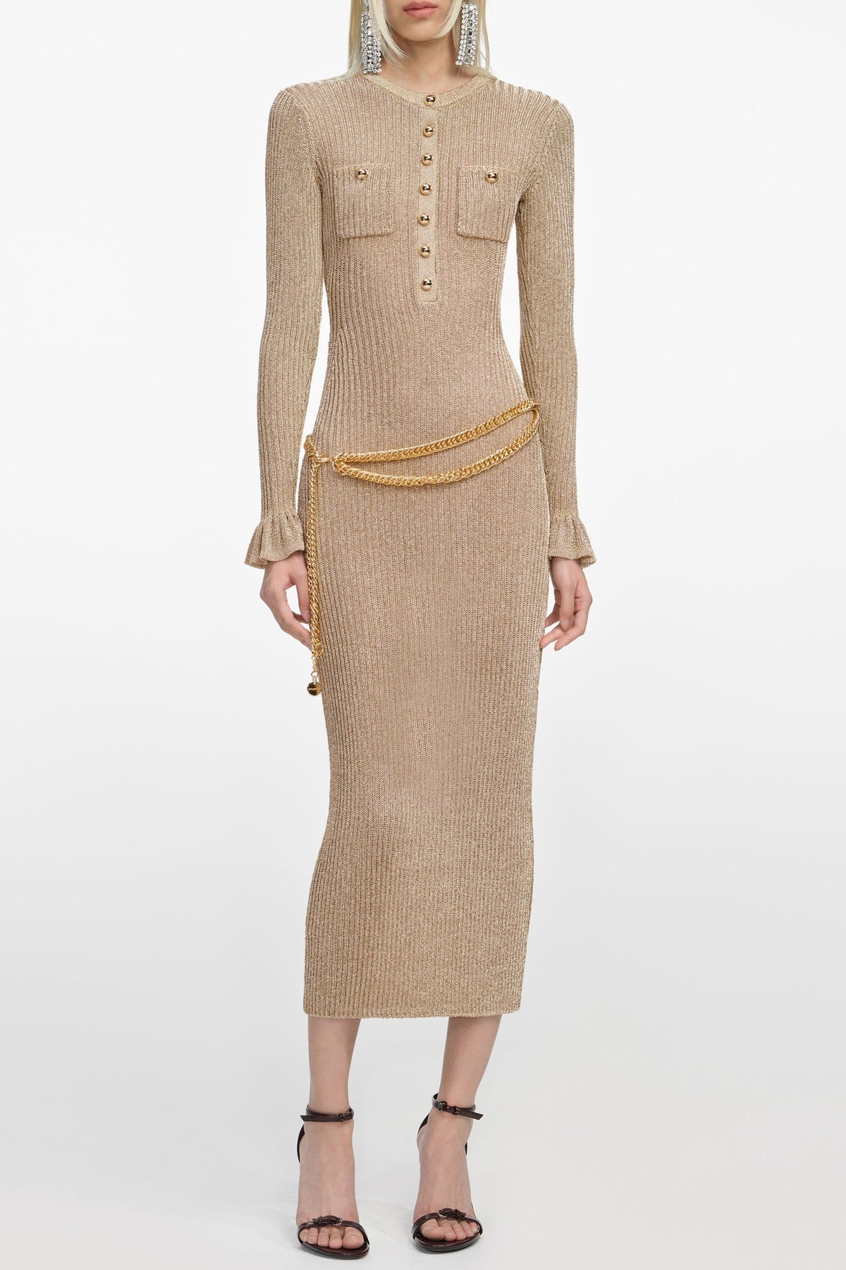 lauren Gold Lurex Ribbed Knit Midi Dress Avalabel