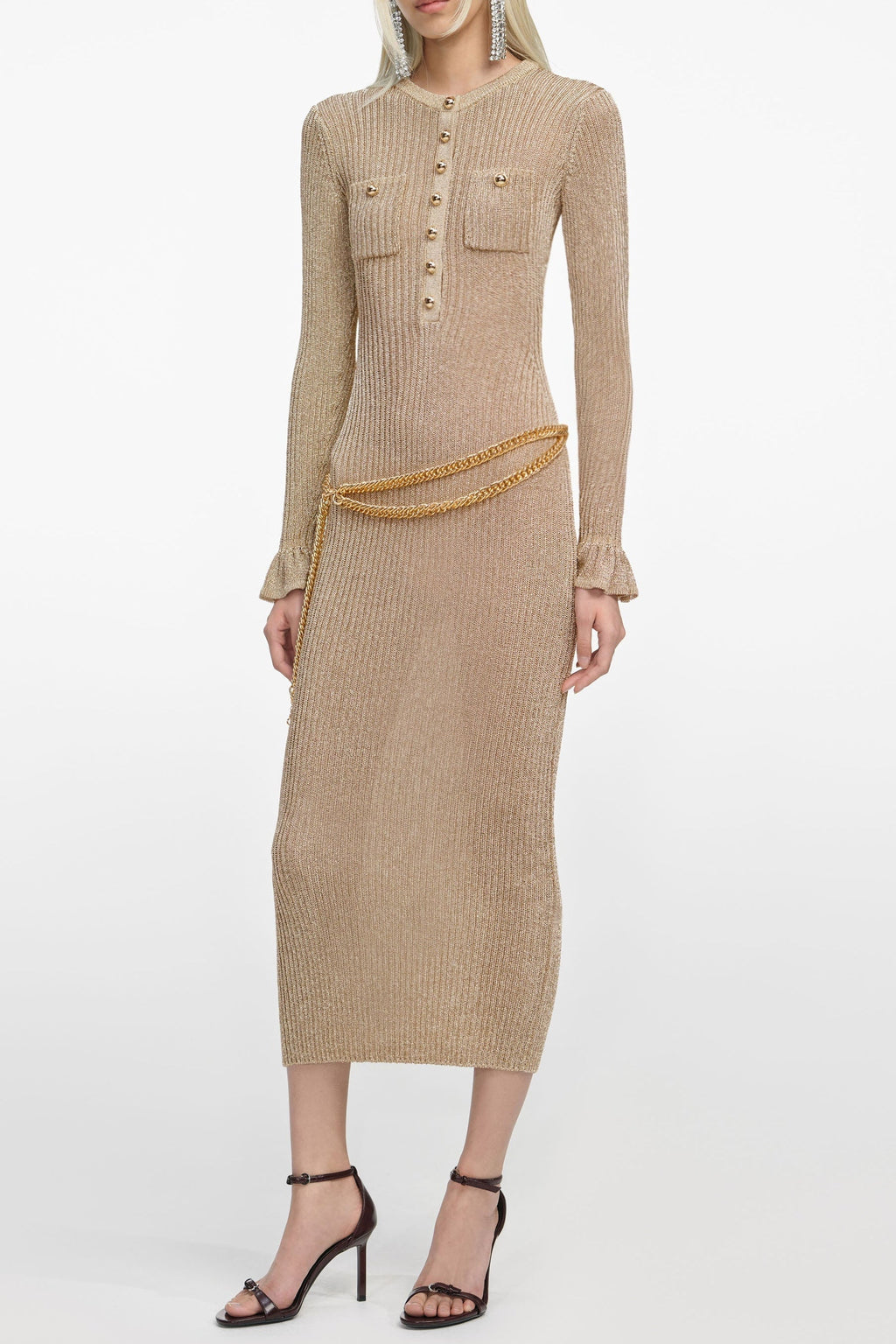lauren Gold Lurex Ribbed Knit Midi Dress Avalabel