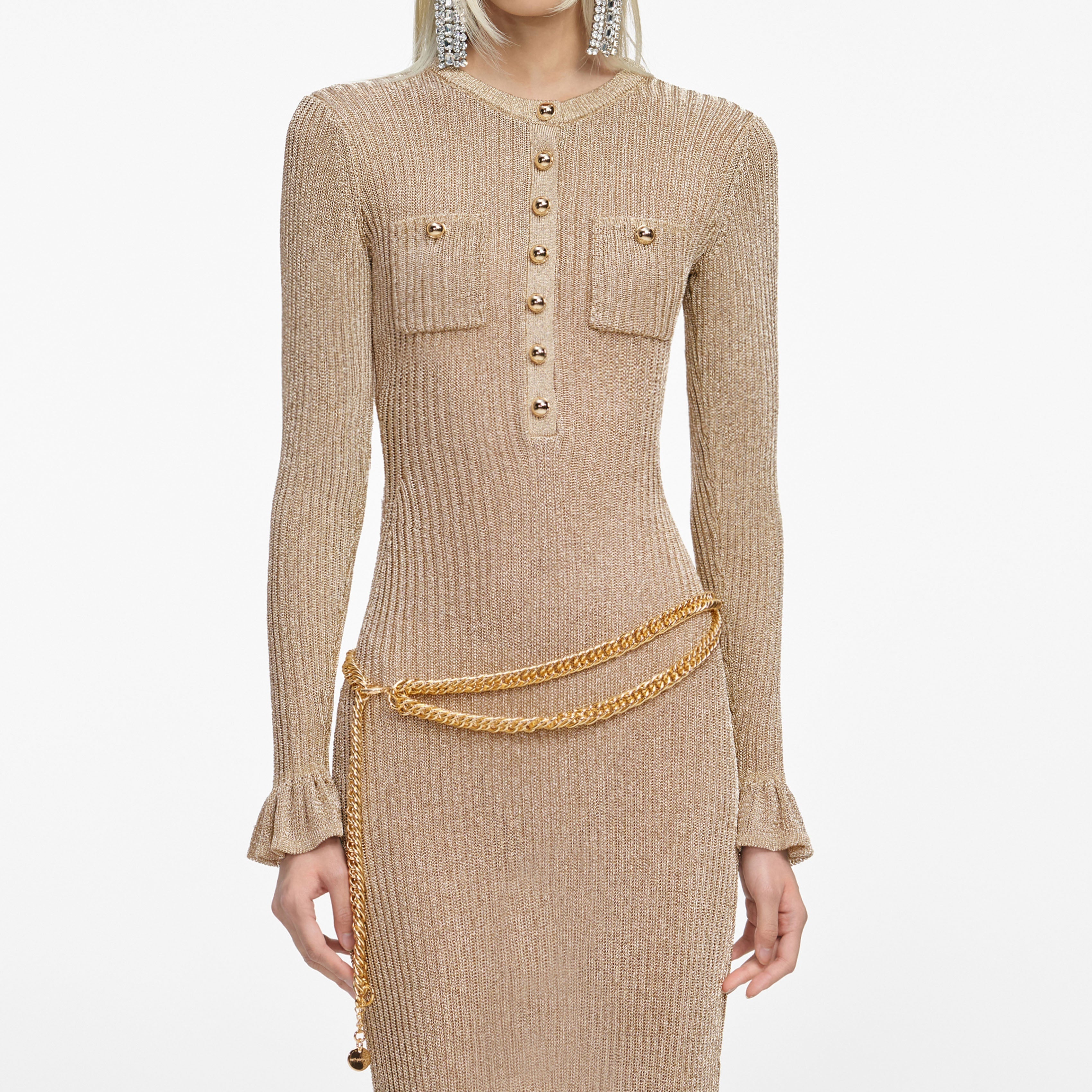lauren Gold Lurex Ribbed Knit Midi Dress Avalabel