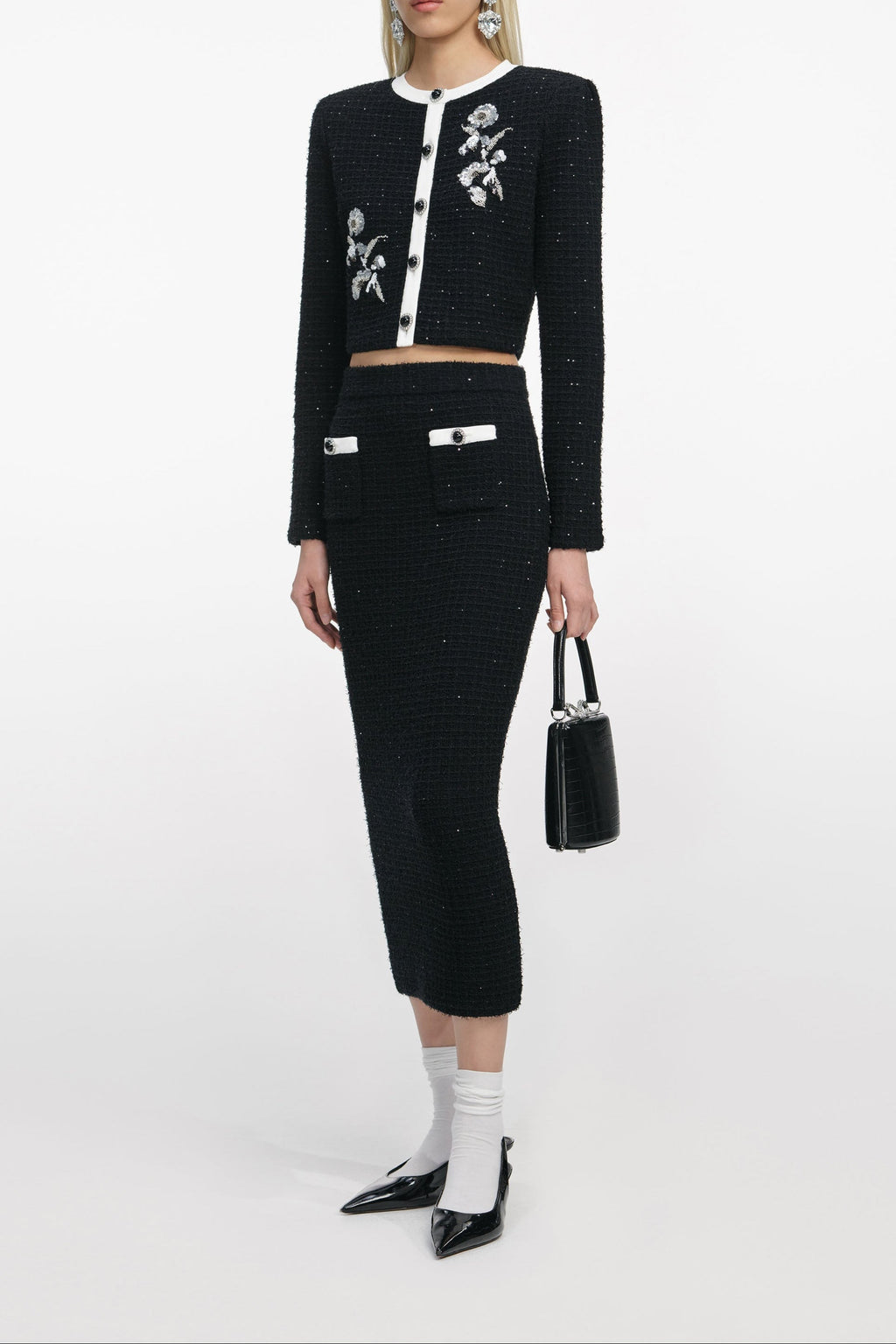 Black Floral Textured Knit Jacket Avalabel