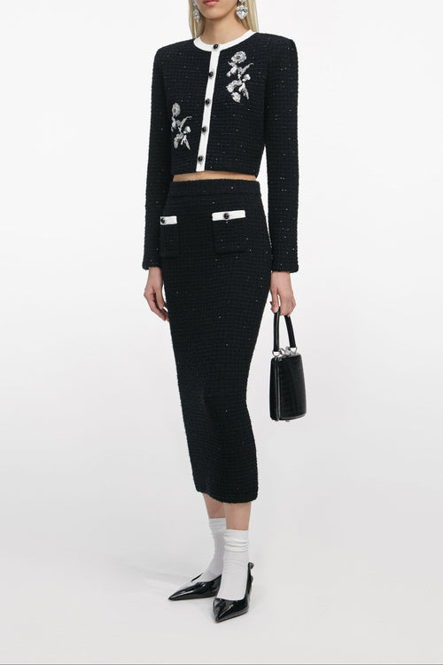 Black Floral Textured Knit Jacket Avalabel