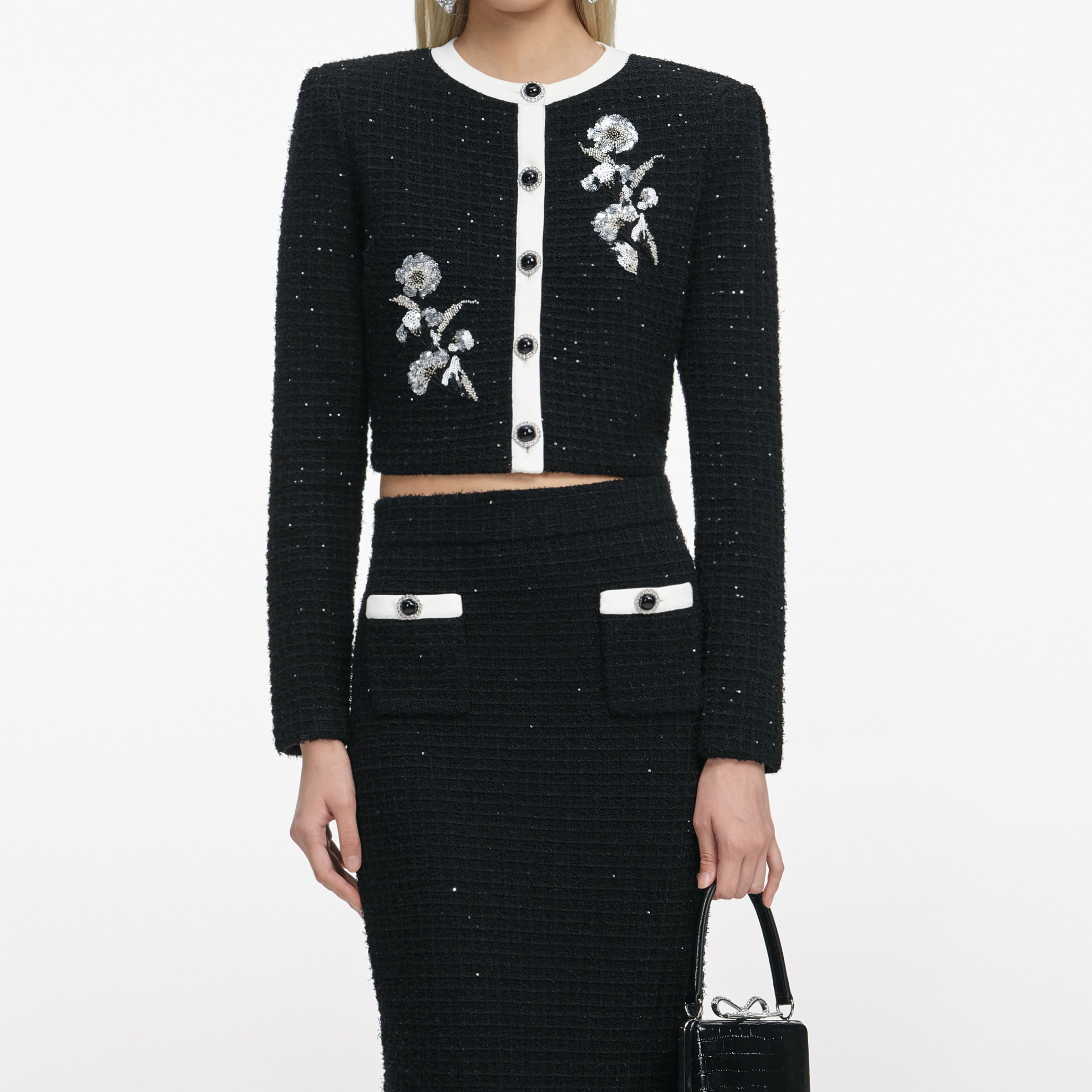 Black Floral Textured Knit Jacket Avalabel