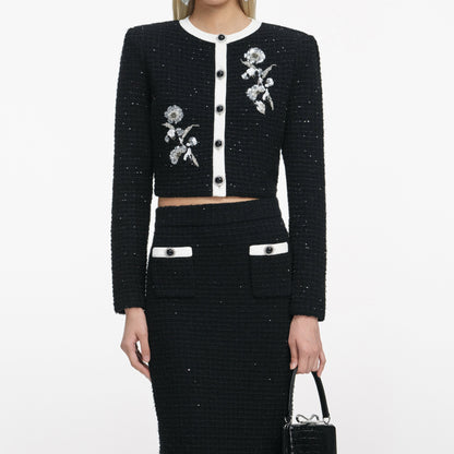 Black Floral Textured Knit Jacket