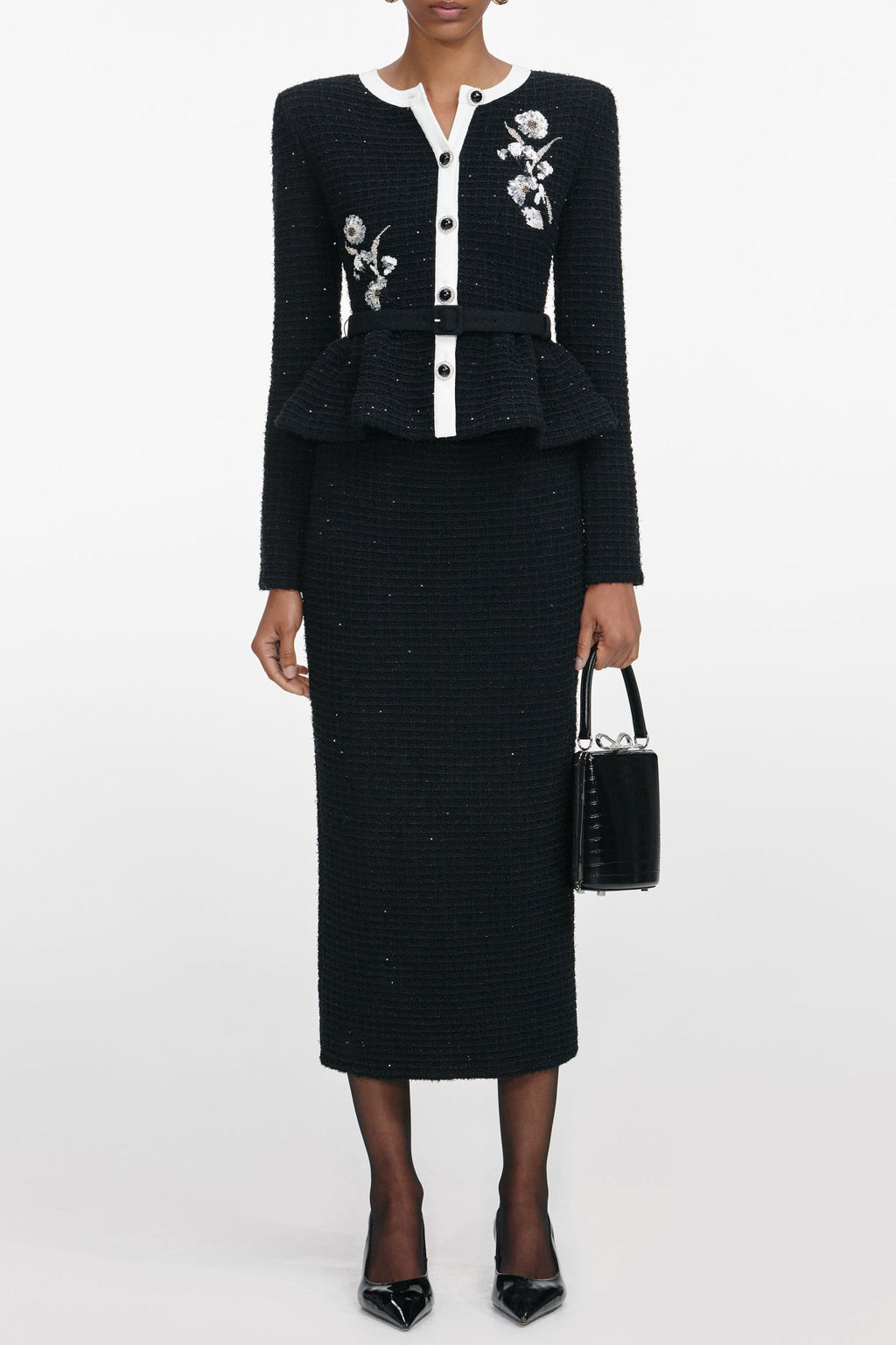 Vicky Black Floral Textured Knit Midi Dress Avalabel