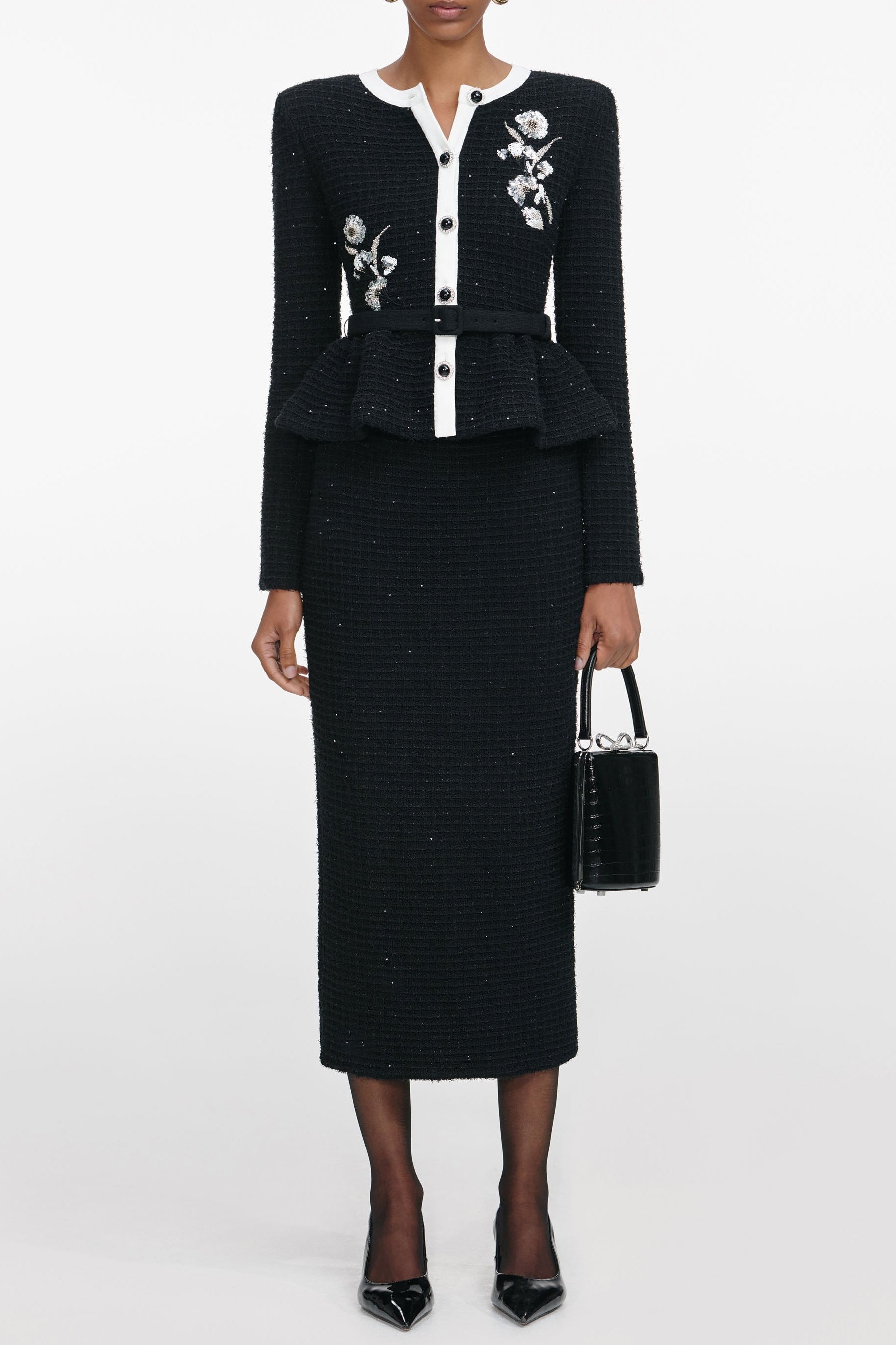 Vicky Black Floral Textured Knit Midi Dress Avalabel