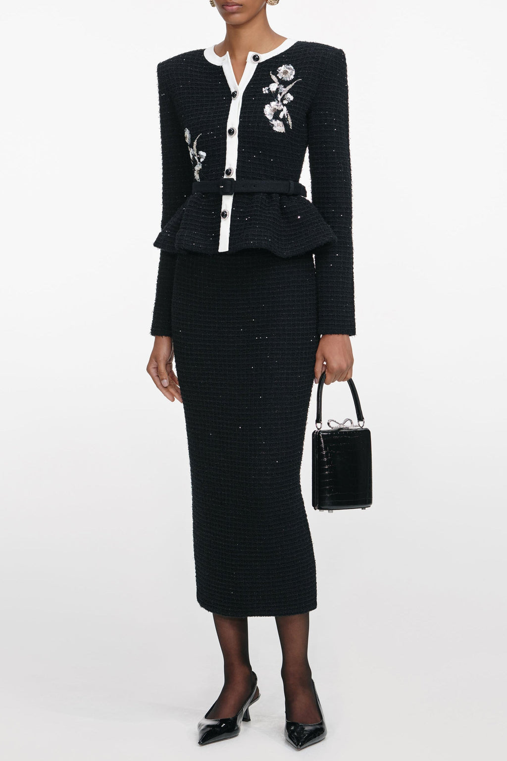 Vicky Black Floral Textured Knit Midi Dress Avalabel