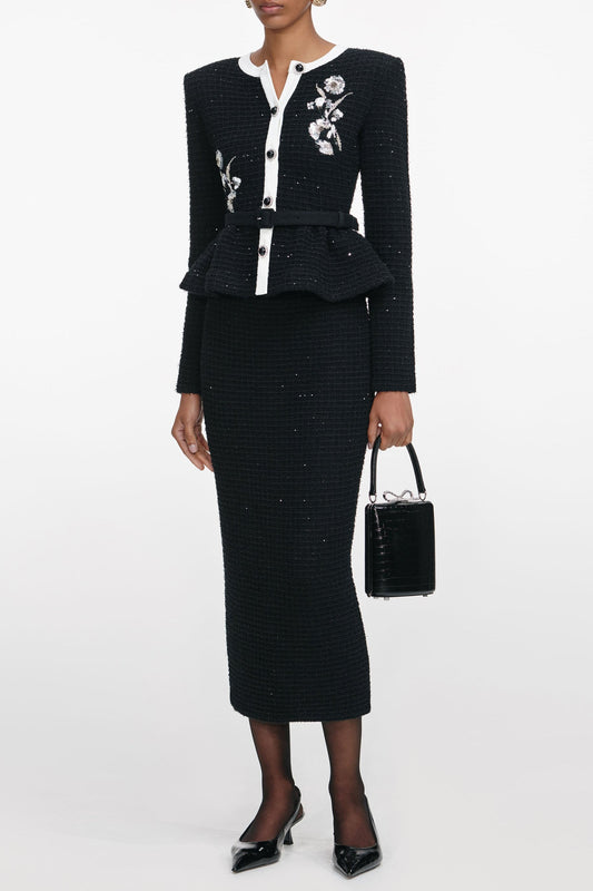Vicky Black Floral Textured Knit Midi Dress