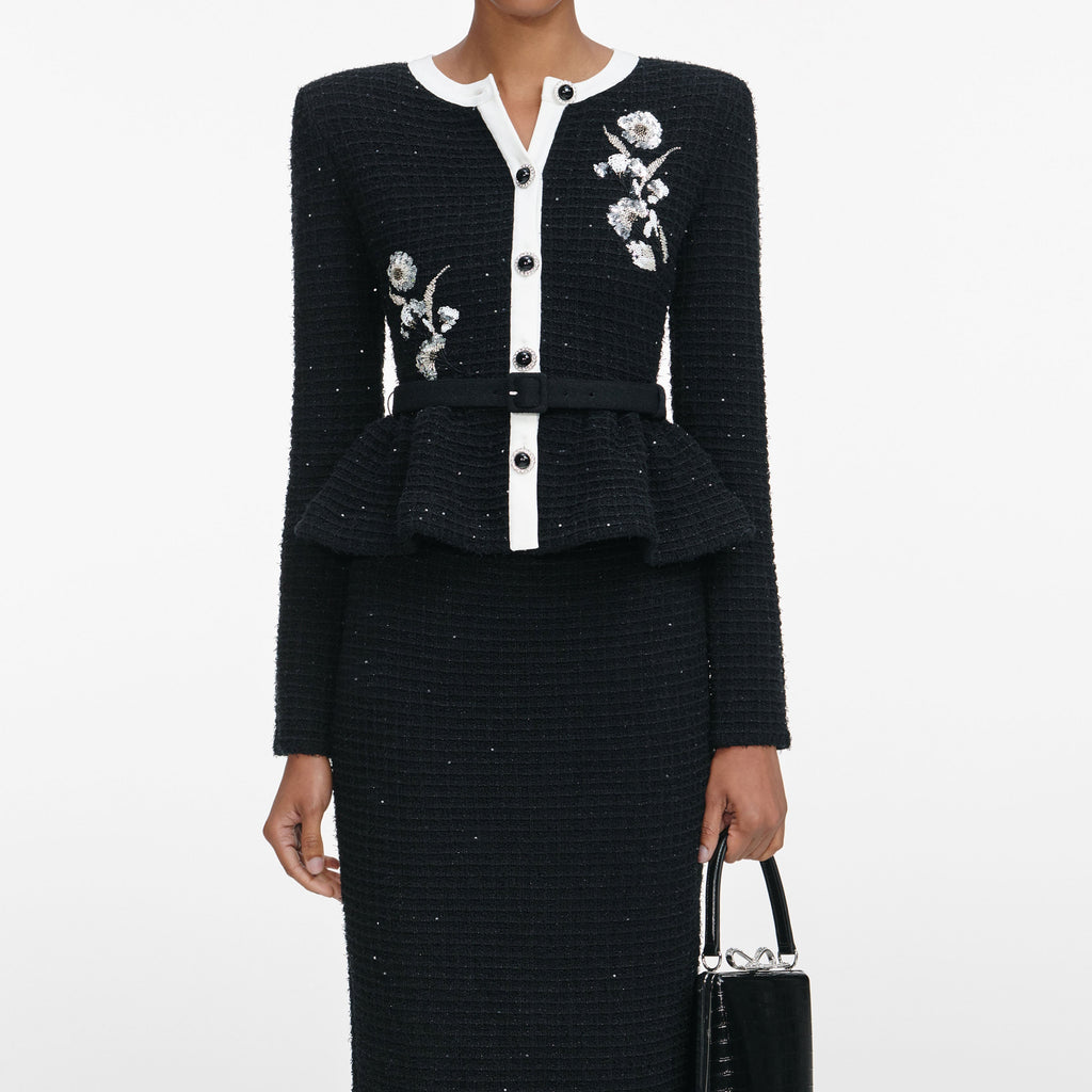 Vicky Black Floral Textured Knit Midi Dress Avalabel
