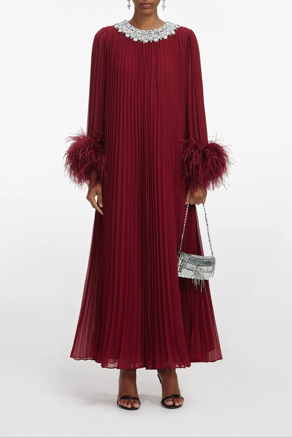 Burgundy Chiffon Feather Midi Dress Avalabel