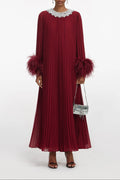 Burgundy Chiffon Feather Midi Dress Avalabel