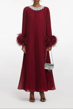 Burgundy Chiffon Feather Midi Dress Avalabel