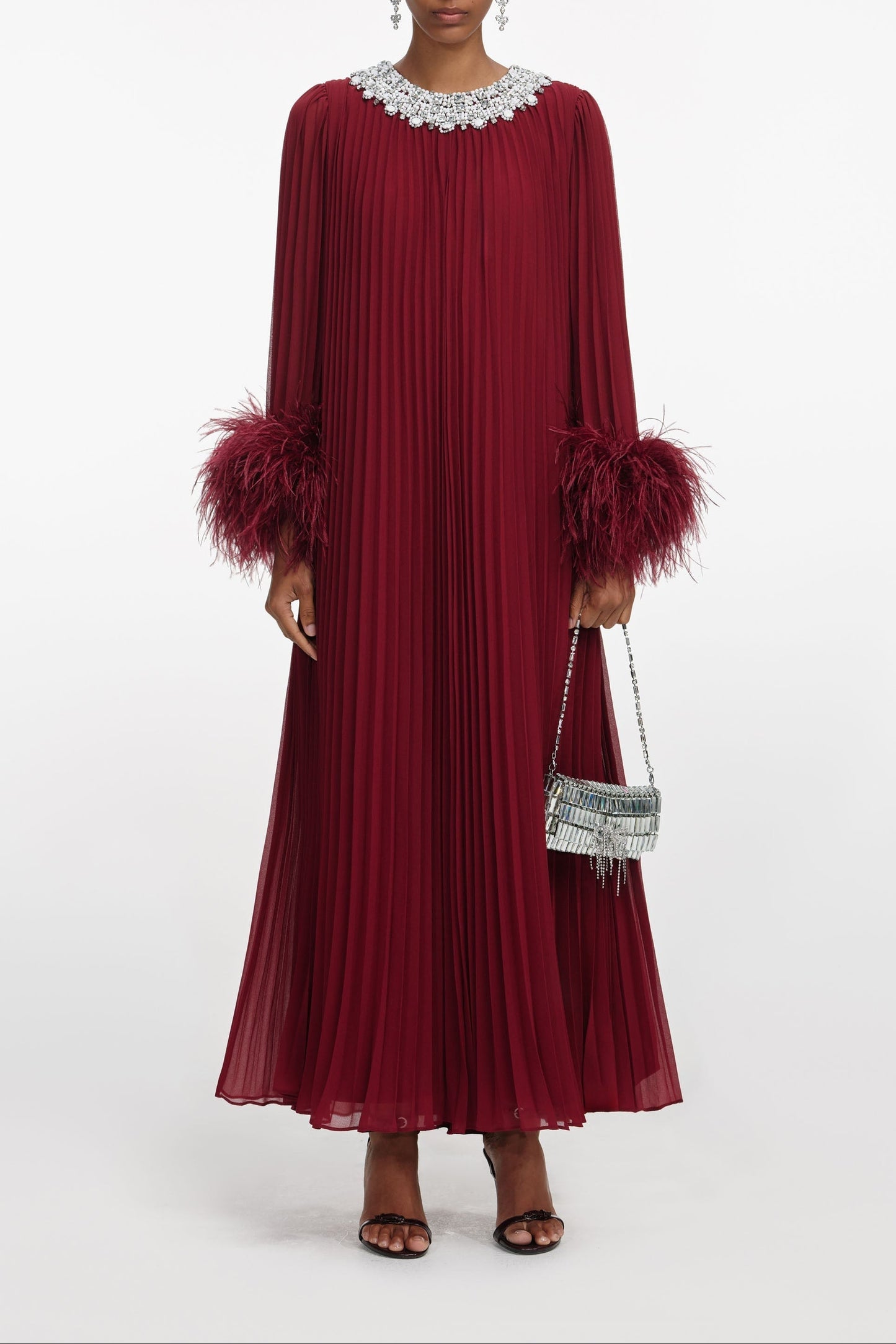 Burgundy Chiffon Feather Midi Dress