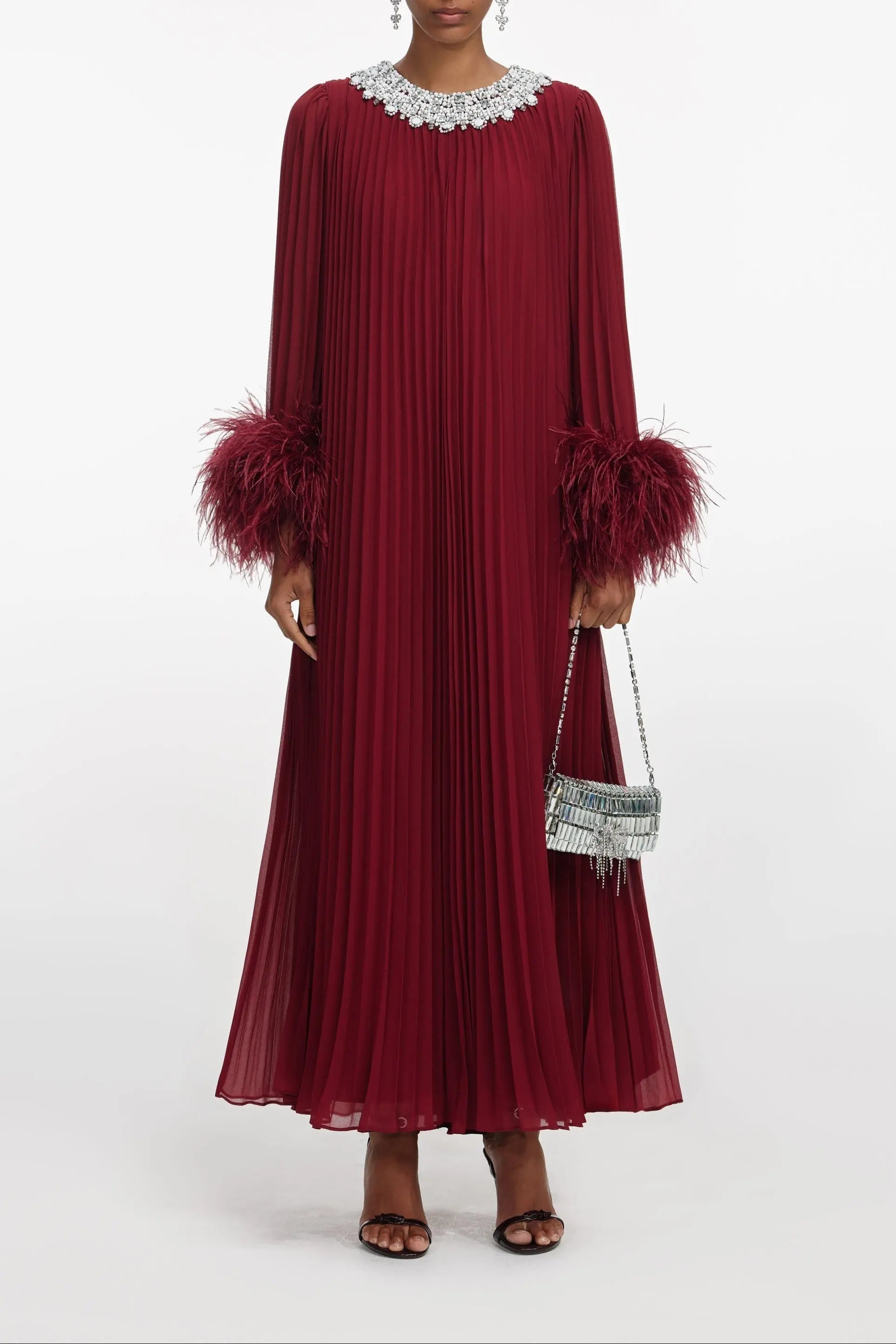 Burgundy Chiffon Feather Midi Dress Avalabel
