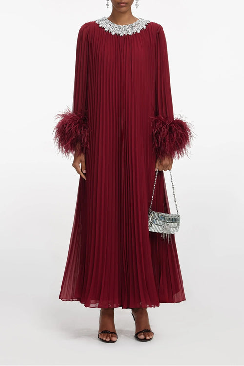 Burgundy Chiffon Feather Midi Dress Avalabel