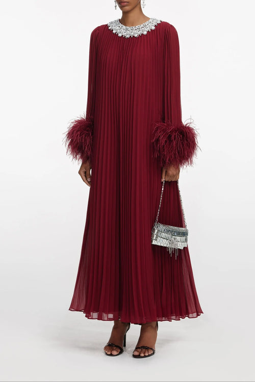 Burgundy Chiffon Feather Midi Dress Avalabel