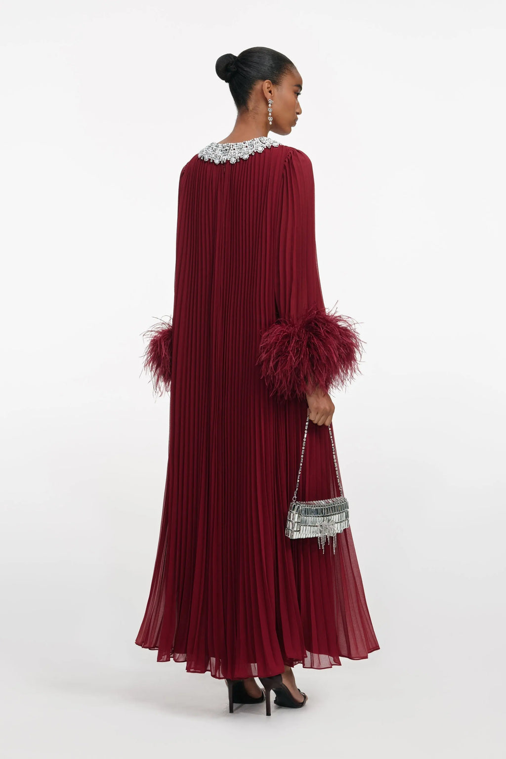 Burgundy Chiffon Feather Midi Dress Avalabel