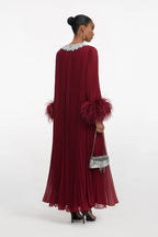 Burgundy Chiffon Feather Midi Dress Avalabel