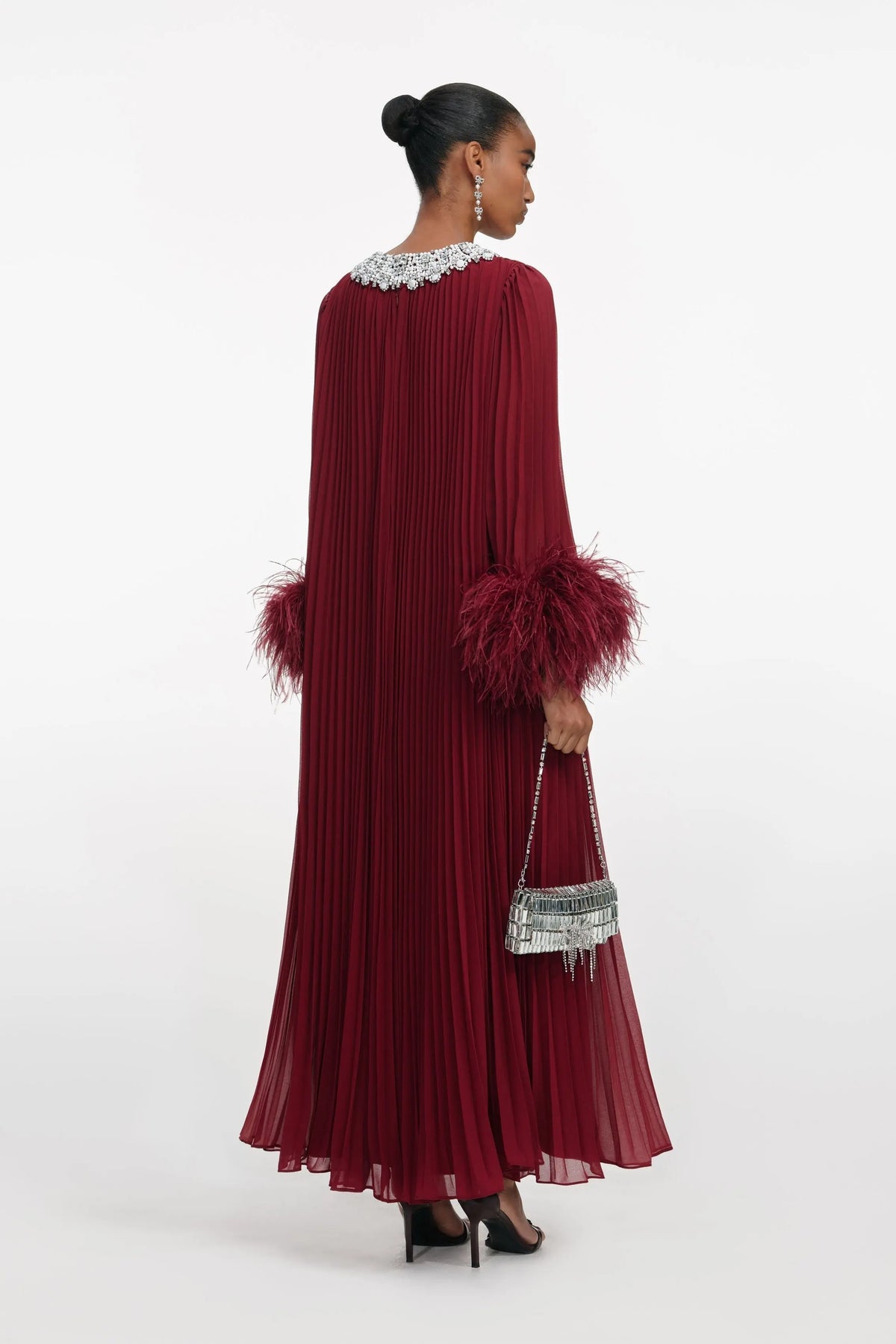 Burgundy Chiffon Feather Midi Dress Avalabel