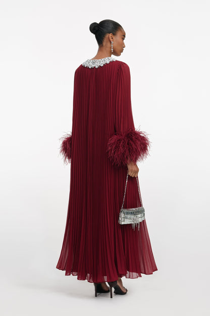Burgundy Chiffon Feather Midi Dress