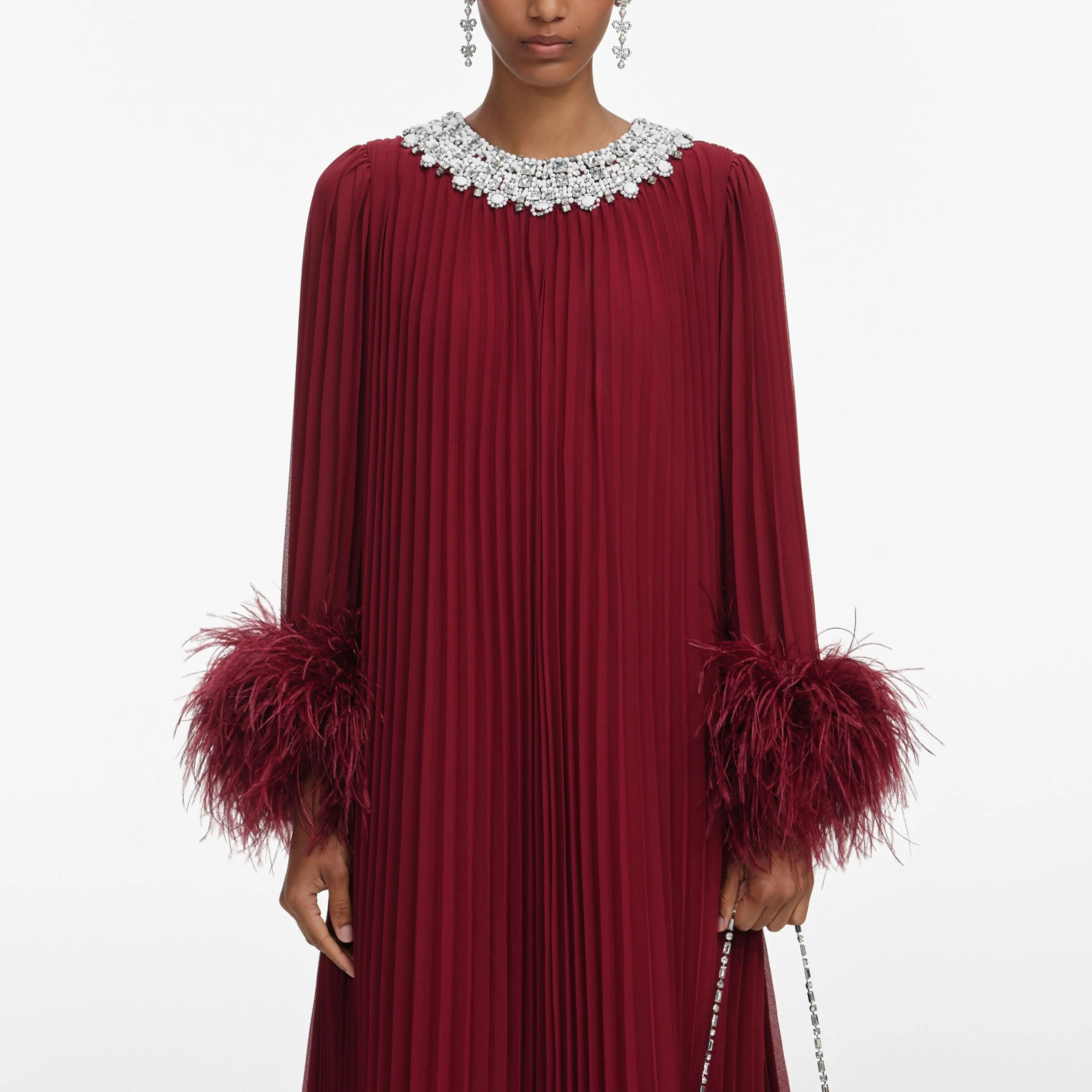 Burgundy Chiffon Feather Midi Dress Avalabel