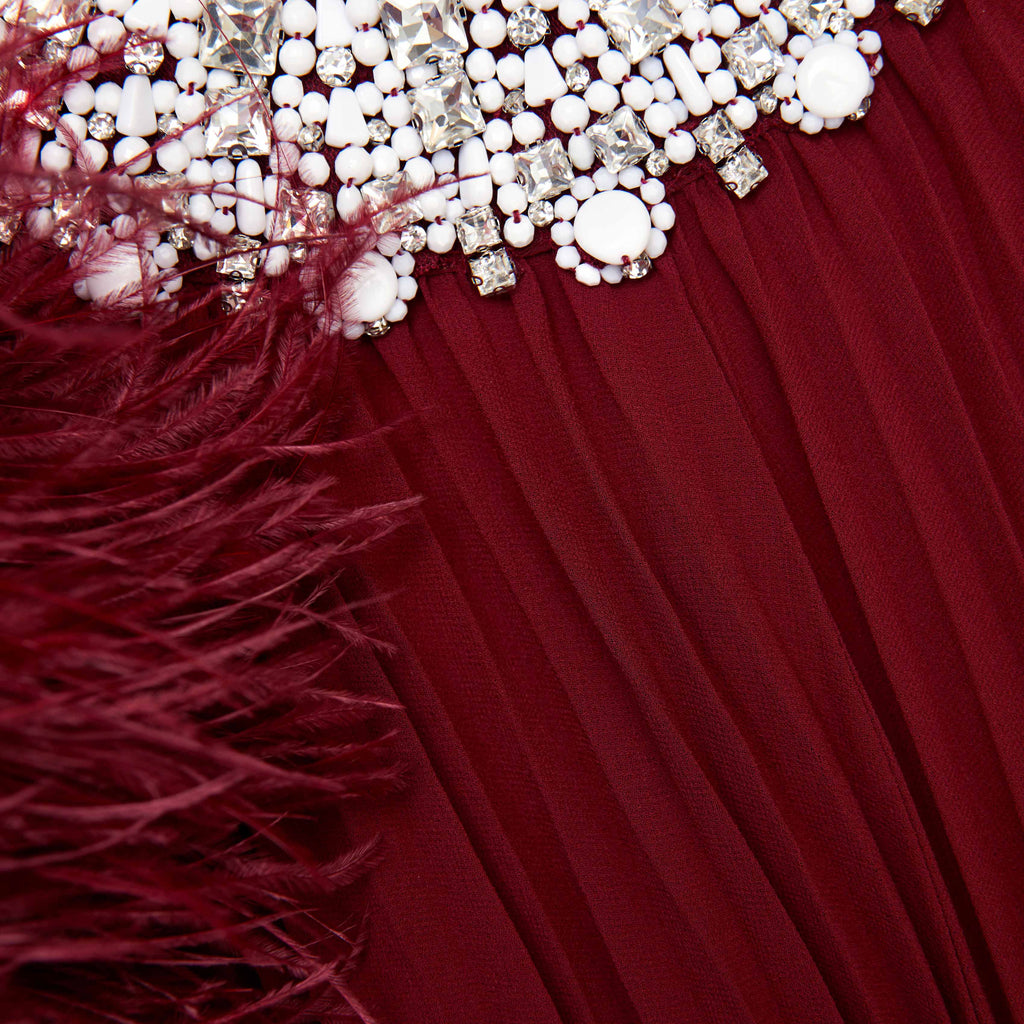 Burgundy Chiffon Feather Midi Dress Avalabel