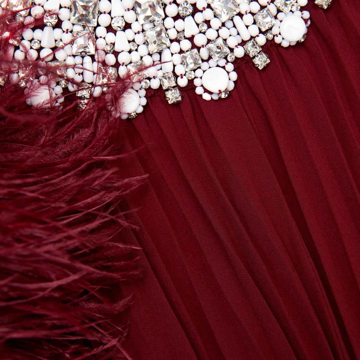 Burgundy Chiffon Feather Midi Dress Avalabel