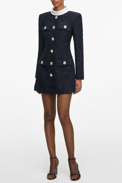 Stacey Navy Boucle Long Sleeve Mini Dress