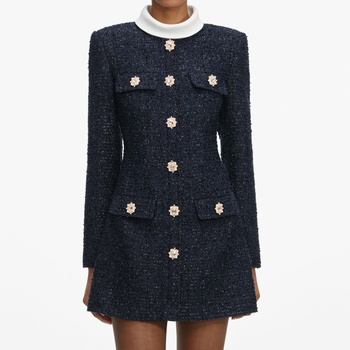 Stacey Navy Boucle Long Sleeve Mini Dress Avalabel