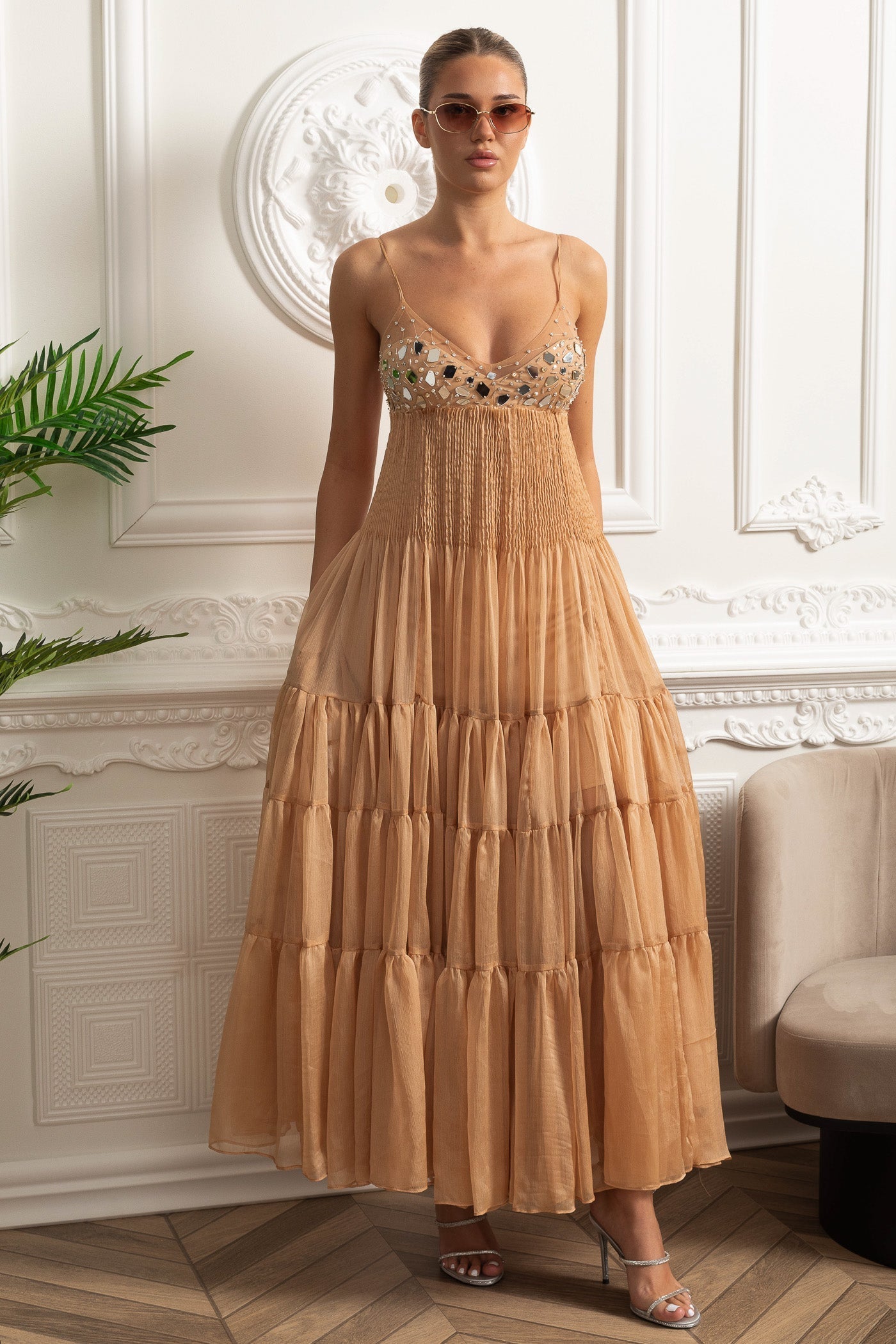Helen Rhinestone Beading Pleated Maxi Dress -  Beige