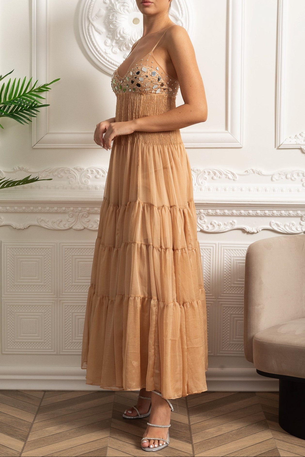 Helen Rhinestone Beading Pleated Maxi Dress -  Beige