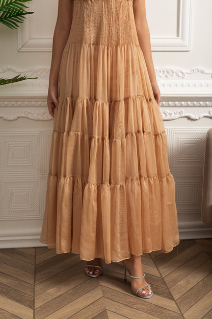 Helen Rhinestone Beading Pleated Maxi Dress -  Beige